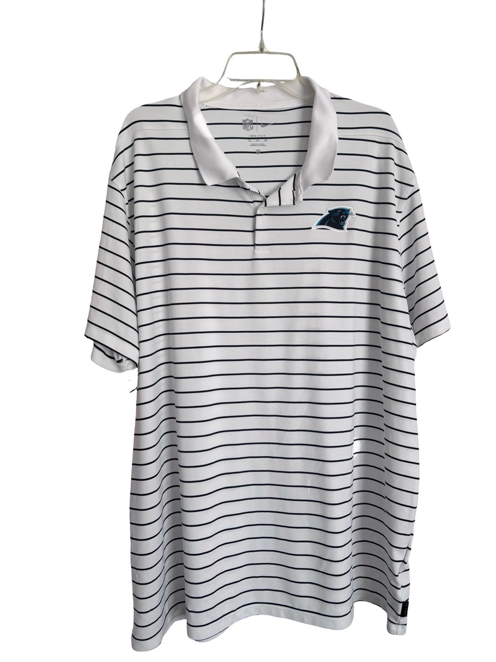 NFL White Polo with Navy Thin Stripes and Panthers Logo